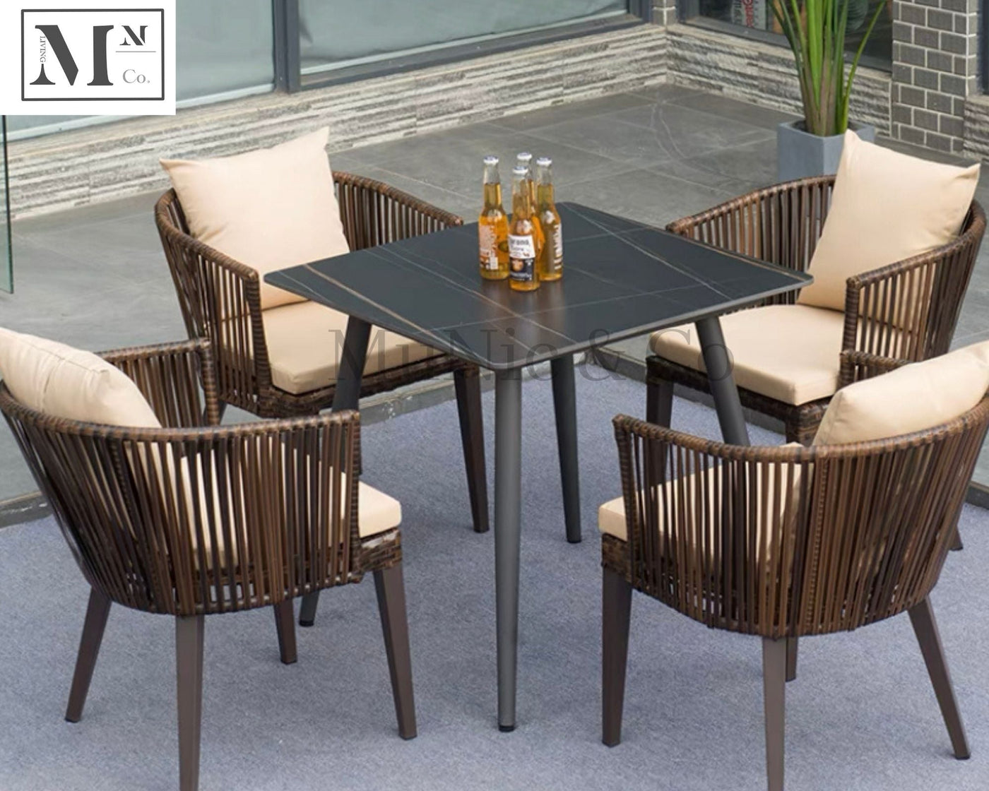 sloan outdoor dining set in rattan weave 5 piece set (4 chairs 90 cm black/square table) / beige