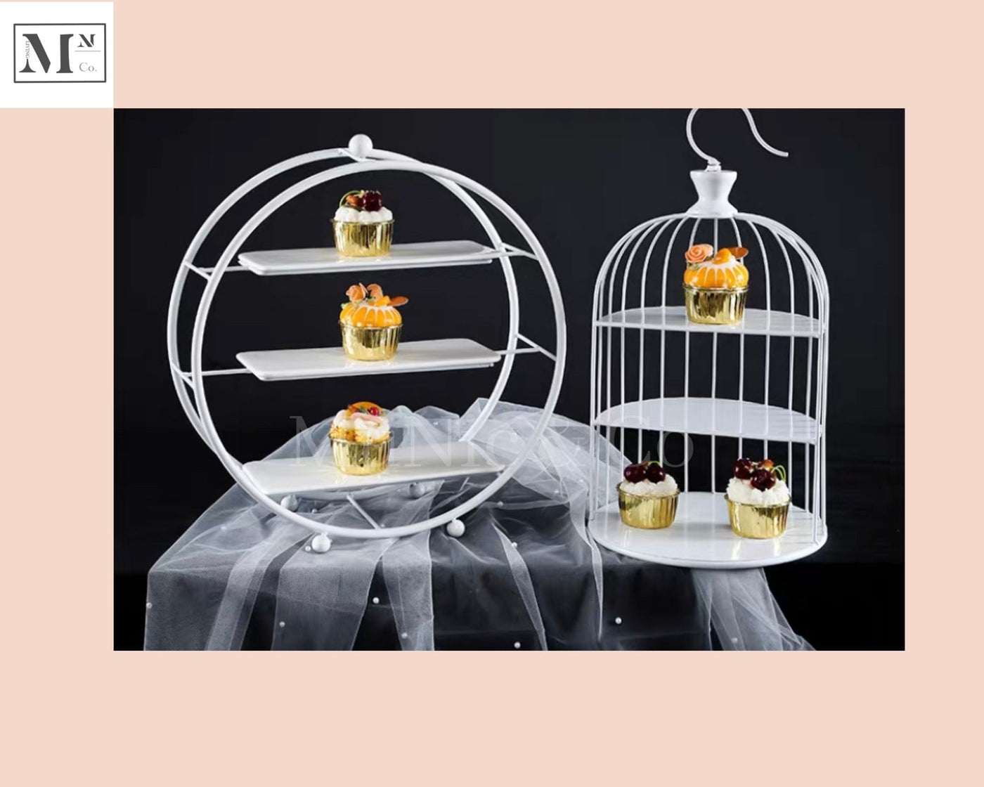 high tea display set.  deliver in 12 days. cakes and pastry display two piece white bundle