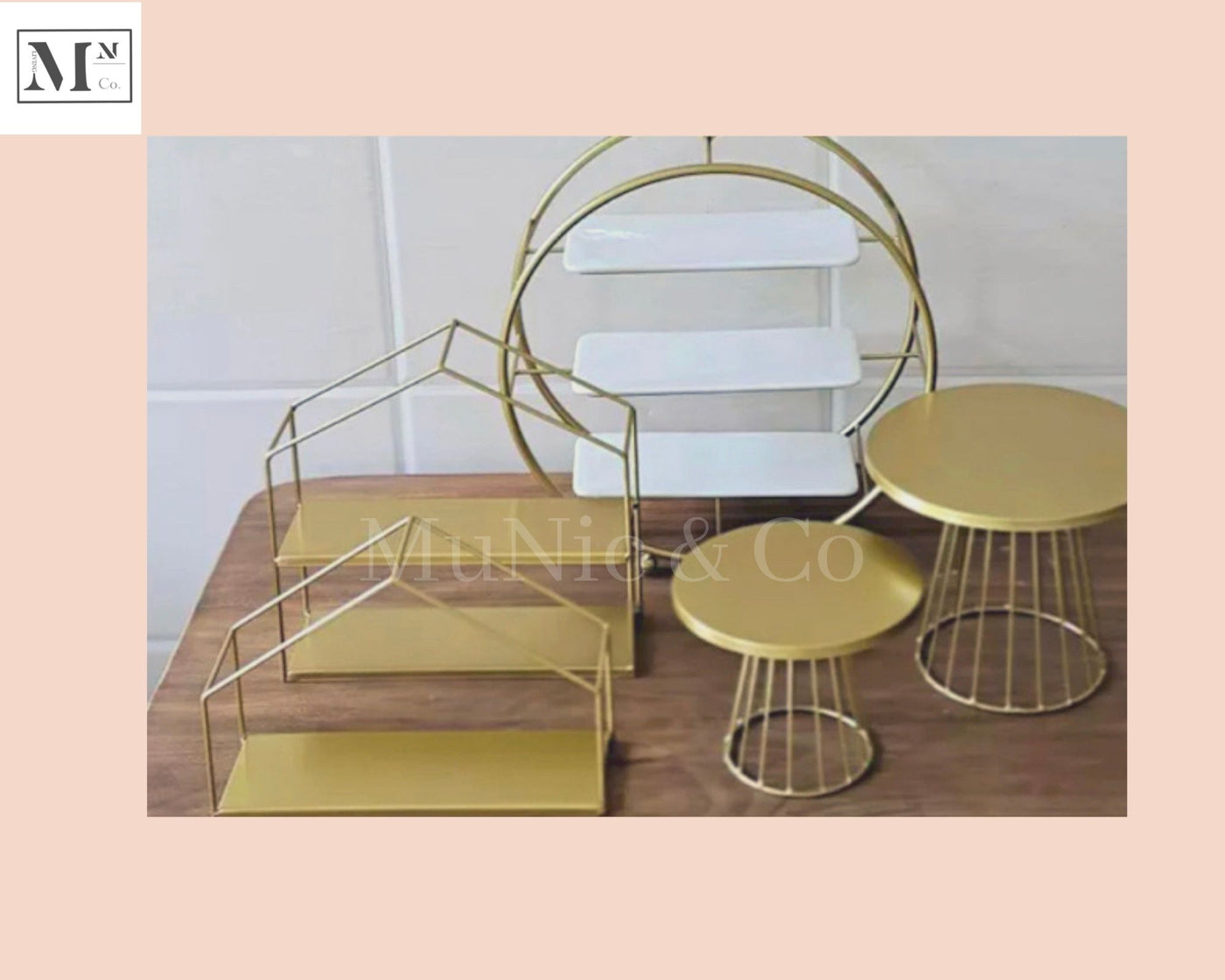 high tea 5-piece sets. deliver in 12 days. cakes and pastry display 5 piece gold bundle n