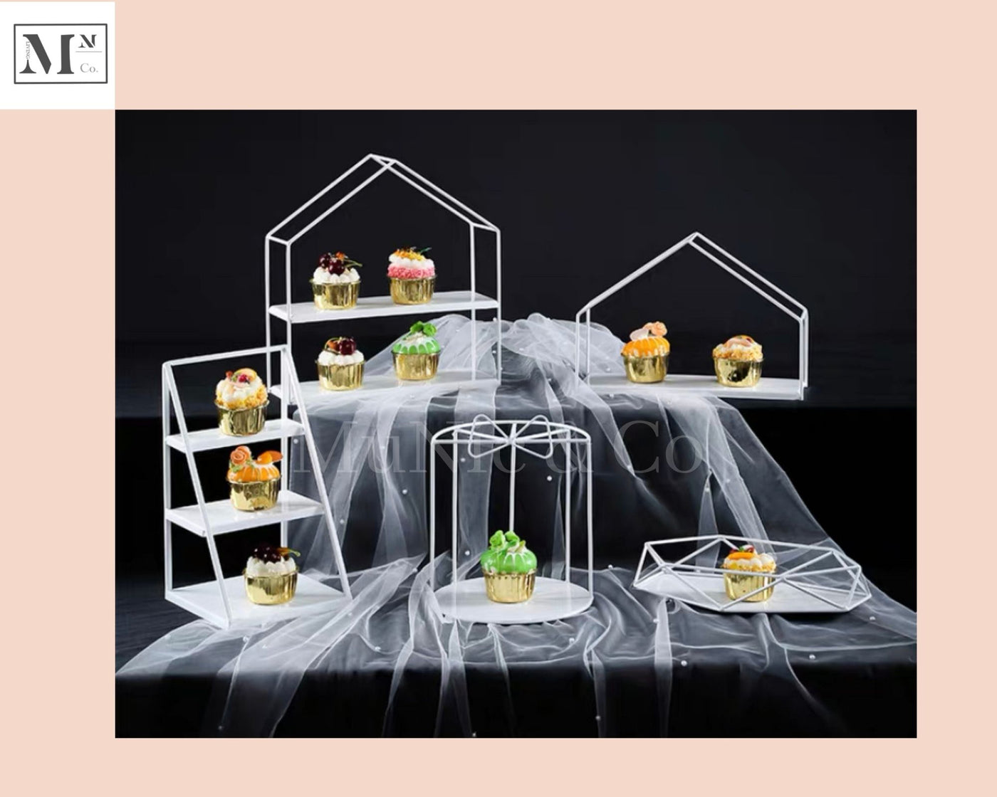 high tea 5-piece sets. deliver in 12 days. cakes and pastry display 5 piece white bundle m